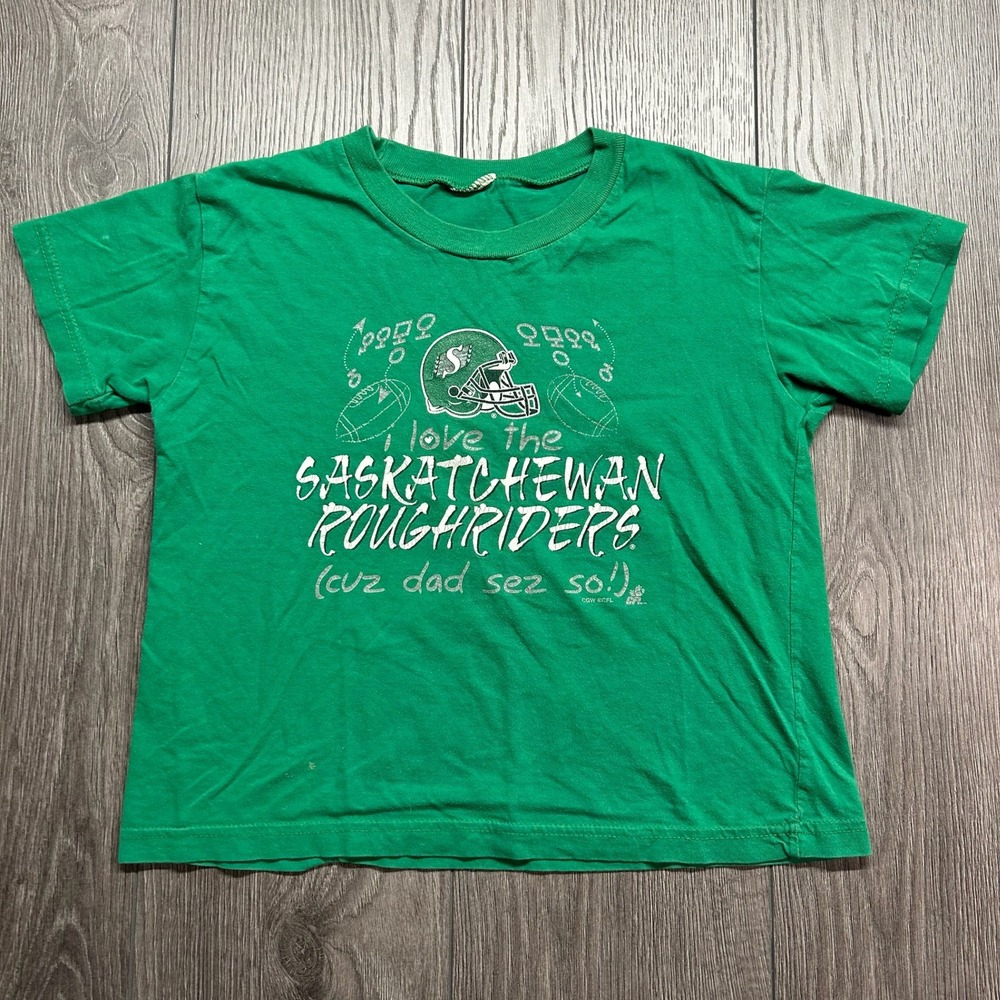 Vintage 90s Saskatchewan Roughriders Kids Green T-Shirt CFL Football Medium